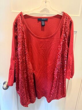 Denim 24/7 1X Red Sequin Panel Top Plus Size 3/4 Sleeve Holiday Party Blouse